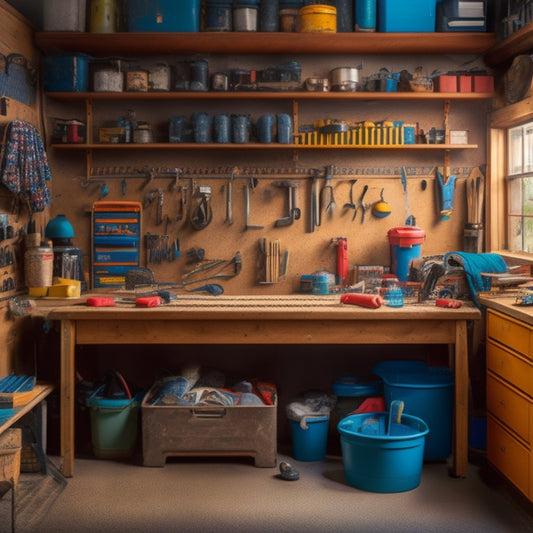 A cluttered garage with tools scattered on a workbench, surrounded by pegboards and shelves, featuring a prominent toolbox with a open lid, revealing a organized array of hand tools.