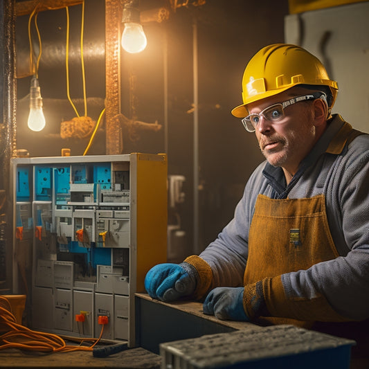 An electrician wearing a hard hat, safety glasses, and gloves, standing in a dimly lit room surrounded by exposed wiring and tools, with a ladder and circuit breaker box in the background.