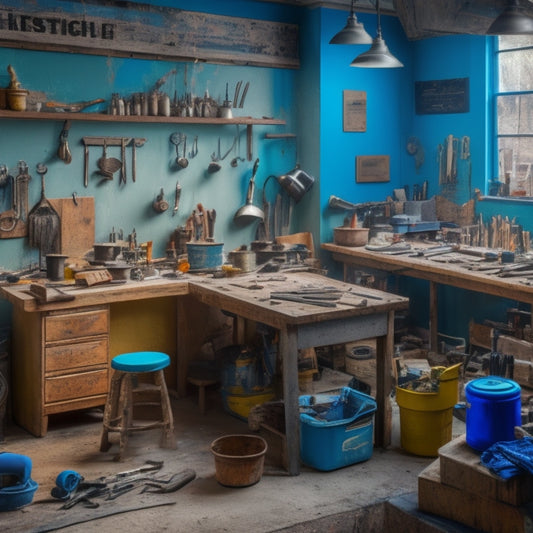 A cluttered but organized workshop with a workbench in the center, surrounded by various tools, paint swatches, and renovation plans, with a subtle background of a torn-out kitchen wall.