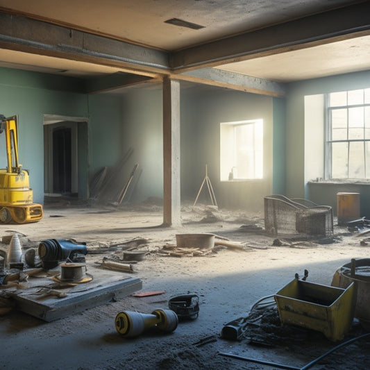 A messy, partially renovated room with a concrete floor, surrounded by construction tools and debris, featuring a top floor grinding machine prominently in the center, with a faint dust cloud surrounding it.