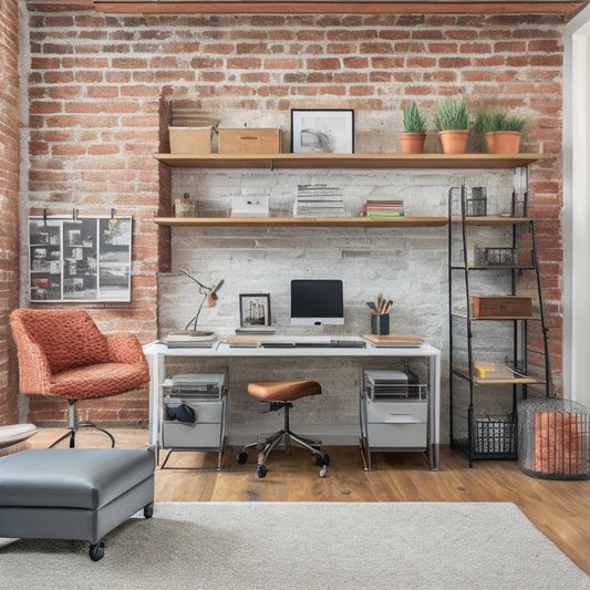 A clutter-free, modern home office with a wall-mounted foldable desk, sleek shelving units, and a compact, wheeled storage ottoman, amidst a subtle renovation backdrop with exposed brick and faint toolbox outlines.