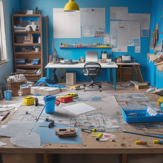 A cluttered renovation workspace with scattered blueprints, torn drywall, and power tools, transformed into an organized scene with a large calendar or whiteboard in the center, marked with colored stickers and tidy notes.