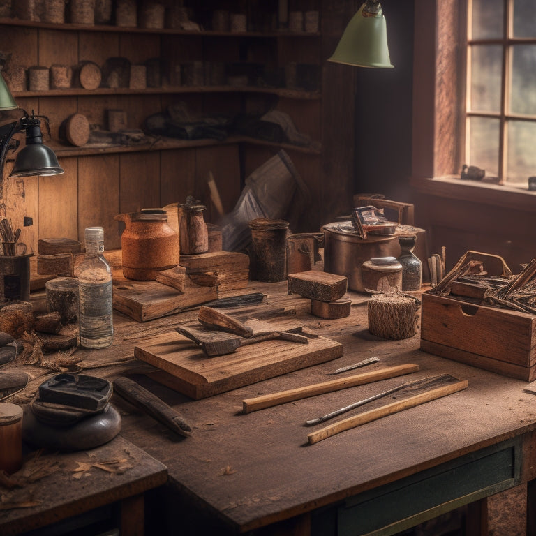 A cluttered workshop table with various block finish tool kits, surrounded by scattered wood shavings, half-finished DIY projects, and a faint background of a renovated home's interior.