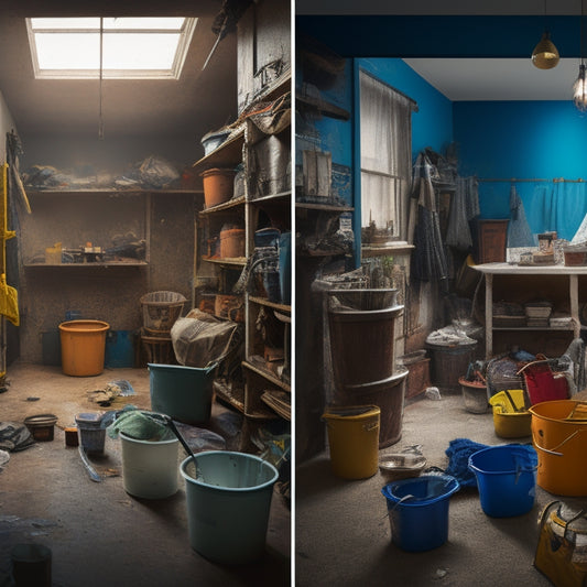 A split-screen image featuring a messy, cluttered room with small buckets scattered around, contrasted with a clean, organized room with a single, large bucket in the center, surrounded by tidy renovation tools and materials.