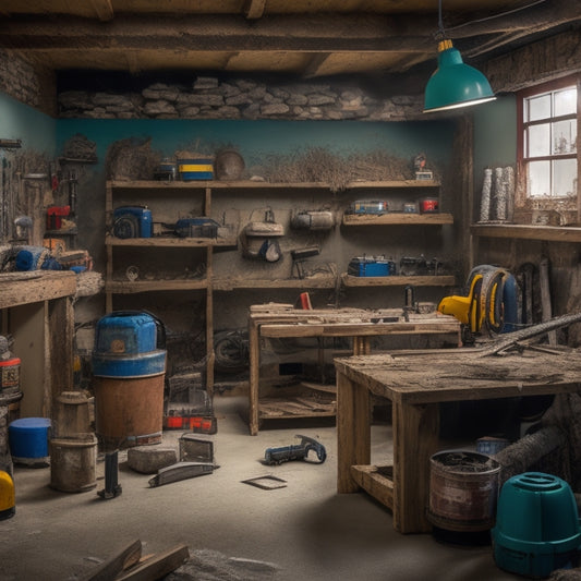 An image depicting a cluttered basement with scattered tools, including a circular saw, drill, hammer, level, and tape measure, surrounded by renovation materials like lumber, drywall, and paint cans.