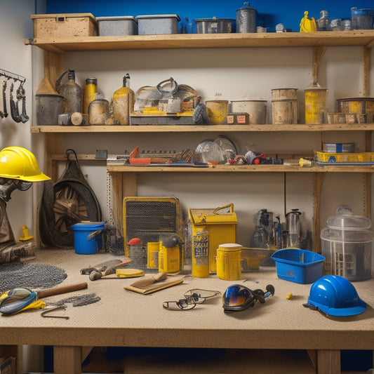 An organized workshop with a Pegboard adorned with various safety gear, including goggles, hard hats, earplugs, and respirators, alongside a toolbox and a partially renovated room in the background.