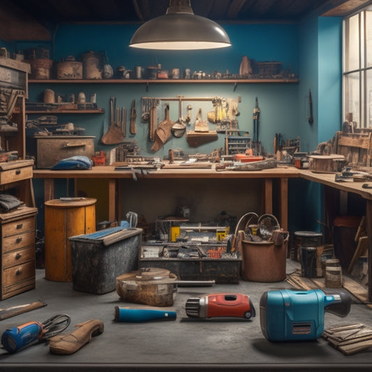 A cluttered workshop background with a central, well-organized toolbox, surrounded by various renovation tools, such as a hammer, level, and power drill, with a subtle blueprint or floor plan in the background.
