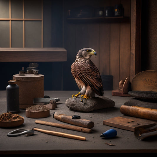A well-lit workshop background with a hawk, trowel, and level arranged in a triangular formation, with a subtle shadow effect and a slight blur to emphasize the tools.