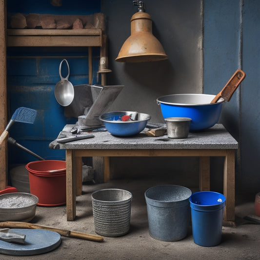 A cluttered workbench with three distinct mixing tools: a red-handled trowel, a silver mixing bucket with a spiral-shaped mixer, and a blue ergonomic mixing paddle, surrounded by cinder blocks and scattered mortar.
