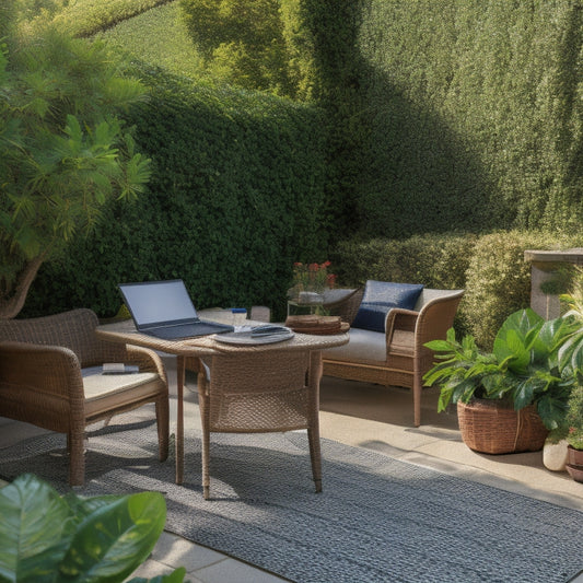 A serene backyard patio scene with a laptop and calculator on a wicker table, surrounded by opened design books, scattered patio tiles, and a measuring tape, amidst lush greenery and warm sunlight.
