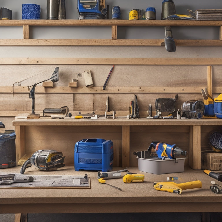 A tidy, well-organized workspace with a variety of renovation tools, including a cordless drill, level, and tape measure, arranged on a wooden workbench amidst scattered blueprints and a partially constructed wall.