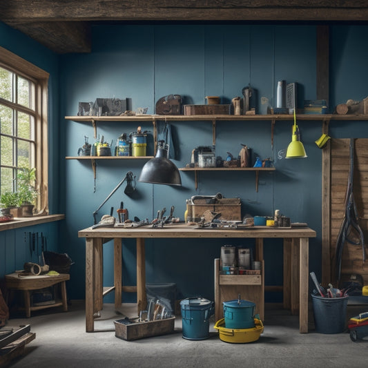 A clutter-free workshop with a spirit level on a wooden workbench, surrounded by neatly organized tools, a blueprint rolled out, and a subtle background of a renovated room with a ladder and a bucket.