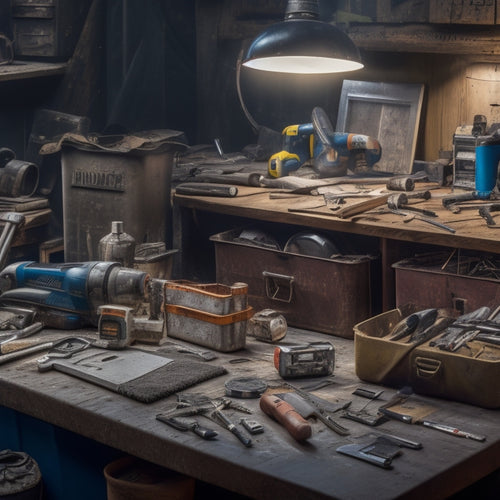 A cluttered workbench with a mix of new and used renovation tools, including a cordless drill, level, and wrench, surrounded by scattered toolboxes, wires, and DIY project remnants.