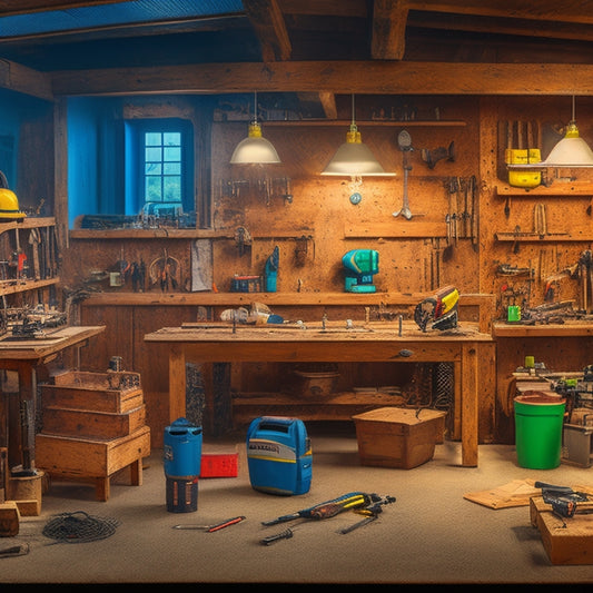 A cluttered workshop background with a wooden workbench in the center, adorned with a level, a cordless drill, a stud finder, a laser level, and a tape measure, all arranged in a neat and organized manner.