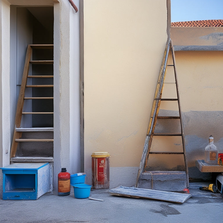 An image of a stucco exterior wall with cracks, water stains, and crumbling areas, with a ladder leaning against it and a contractor's toolbox nearby, surrounded by fallen stucco debris.