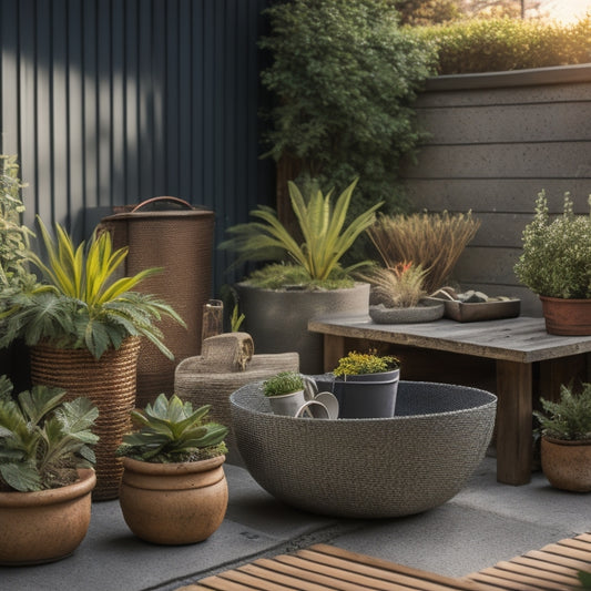 An image depicting a renovated backyard with various outdoor planters, including a rusty metal trough, a woven wicker basket, and a sleek concrete planter, surrounded by scattered renovation tools and materials.