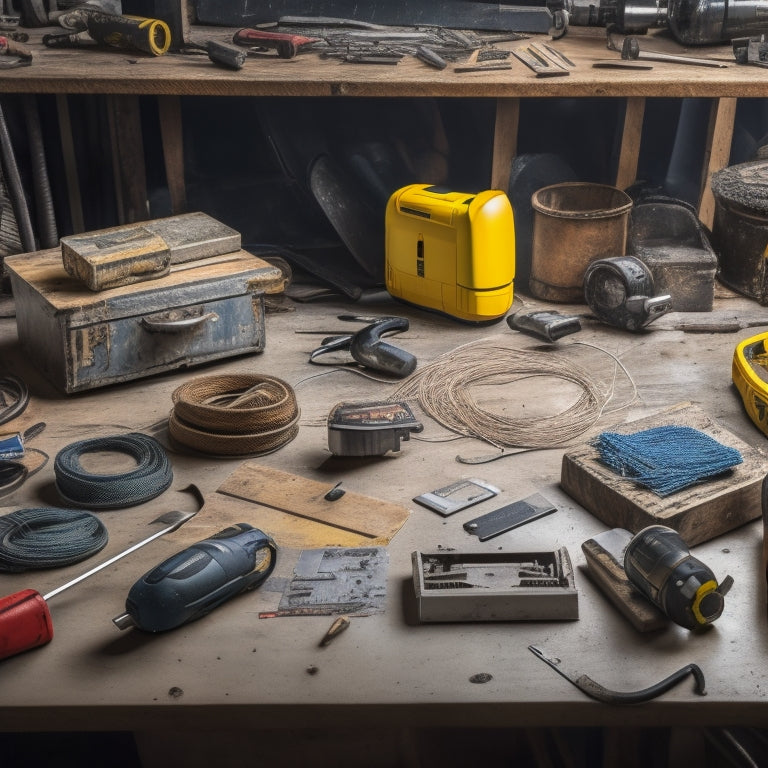 A cluttered workshop table with various electrical tools scattered across it, including a cordless drill, impact driver, circular saw, wire strippers, and a tape measure, surrounded by scattered wires and renovation plans.