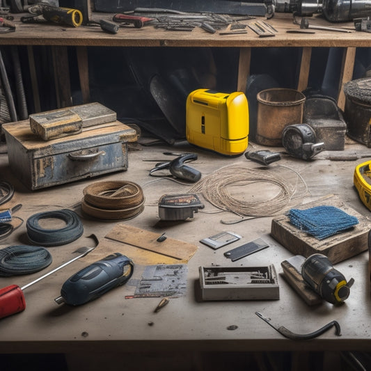 A cluttered workshop table with various electrical tools scattered across it, including a cordless drill, impact driver, circular saw, wire strippers, and a tape measure, surrounded by scattered wires and renovation plans.