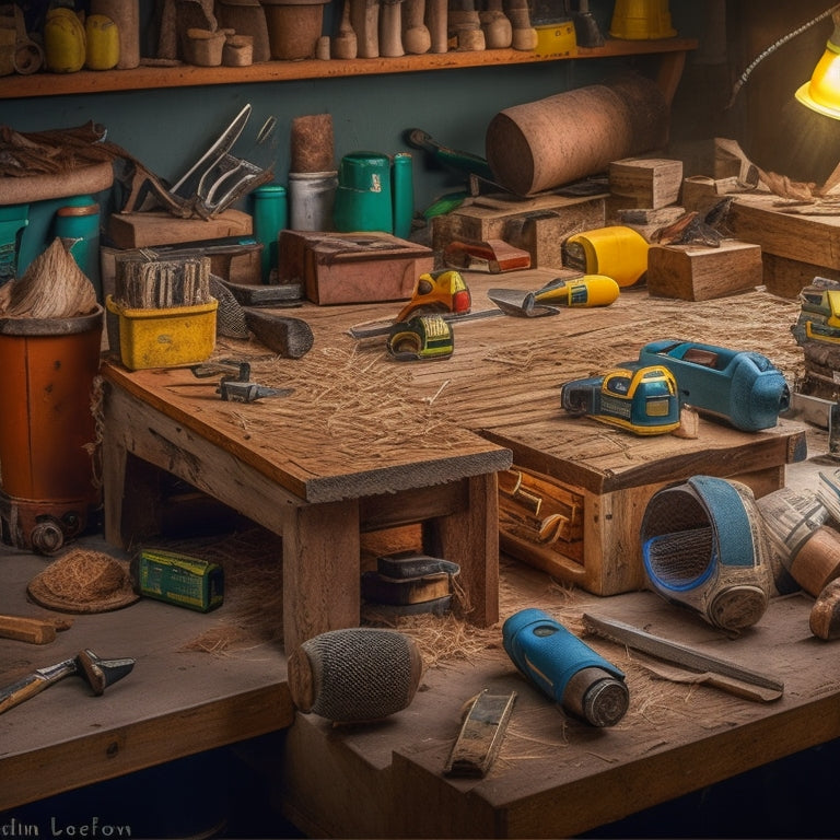 A cluttered workbench with a variety of leveling tools, including a spirit level, laser level, and torpedo level, surrounded by scattered wood shavings and half-finished DIY projects.