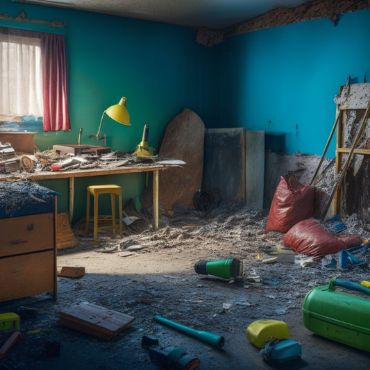 A messy, partially demolished room with scattered debris, exposed wiring, and a few essential demolition tools scattered around, including a sledgehammer, pry bar, and safety goggles.