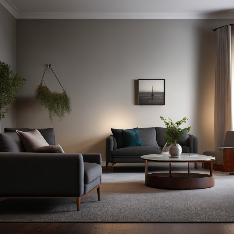 A beautifully lit, serene living room with a freshly plastered wall featuring smooth, rounded corners, and a subtle, even texture, with a faint sheen, surrounded by sleek, modern furniture.