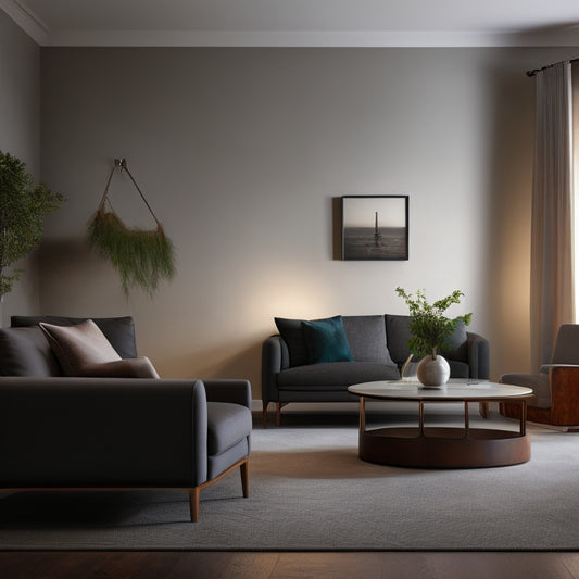 A beautifully lit, serene living room with a freshly plastered wall featuring smooth, rounded corners, and a subtle, even texture, with a faint sheen, surrounded by sleek, modern furniture.