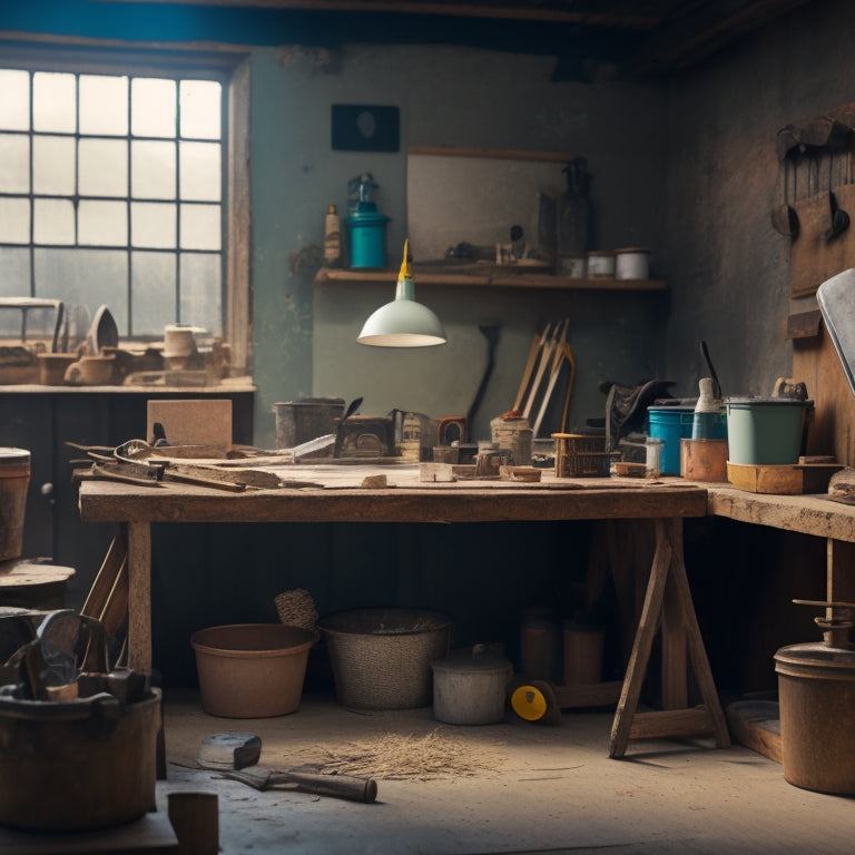 A messy workshop background with a timeline marked on a wooden board, surrounded by various plastering tools, buckets, and a mini home renovation model in the foreground.