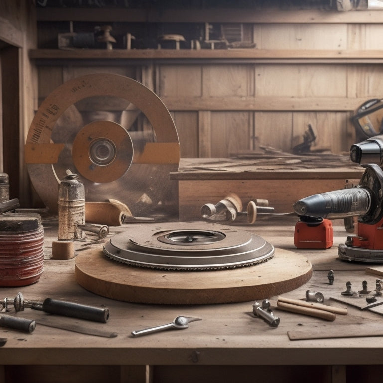 A cluttered workshop background with a circular saw prominently displayed in the center, surrounded by wooden planks, scattered screws, and a faint outline of a renovation blueprint.