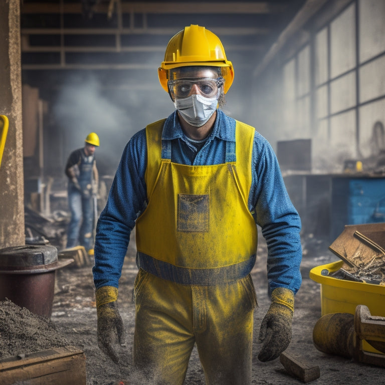 An image depicting a person wearing a yellow hard hat, safety goggles, and a dust mask, standing amidst a messy home renovation site with power tools and debris scattered around.
