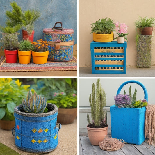 A collage of 5-7 unique, colorful, and eclectic DIY planters, including a repurposed vintage suitcase, a macrame hanger, a concrete planter, a wooden crate, and a mosaic-tiled pot, surrounded by lush greenery.