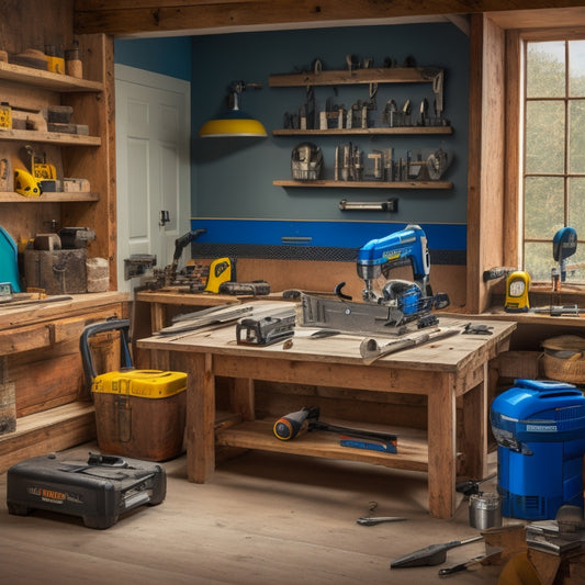 A tidy, well-organized workshop with various tools and equipment, including a circular saw, level, and drill, arranged on a workbench with a subtle background of a renovated living room.