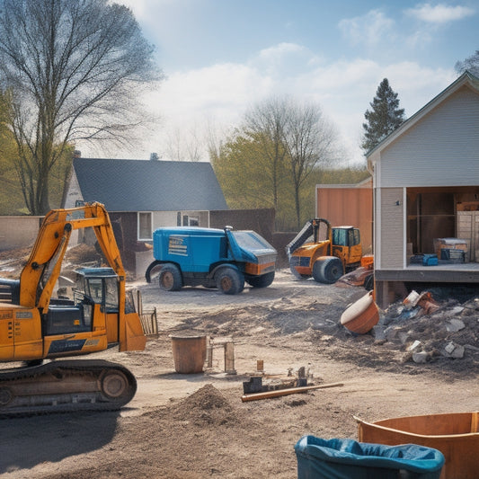 A cluttered construction site with various equipment and tools scattered around, including a backhoe loader, a aerial lift, and a portable toilet, with a blurred background of a residential house under renovation.
