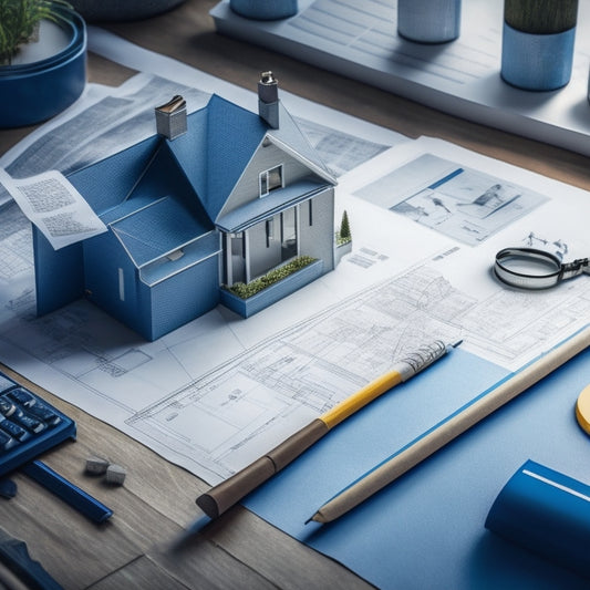 A blueprint of a modern home with a magnifying glass hovering over it, surrounded by scattered papers, pencils, and a calculator, with a subtle background of a renovation in progress.