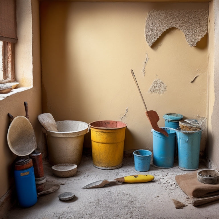 A messy stucco wall with cracks and holes, surrounded by renovation tools and materials, including a putty knife, bucket, trowel, and various patching compounds, with a subtle background of a partially renovated room.