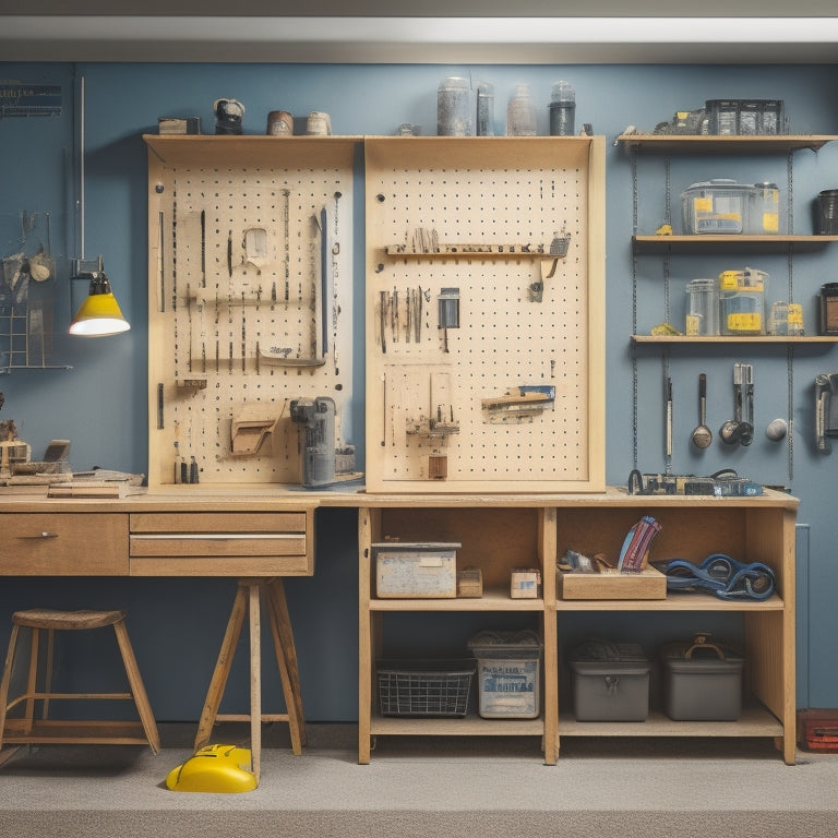 A clutter-free workshop with a pegboard lined with neatly organized tools, a labeled storage cabinet, and a toolbox with compartments, surrounded by a faint renovation site background with building materials and a hint of a blueprint.