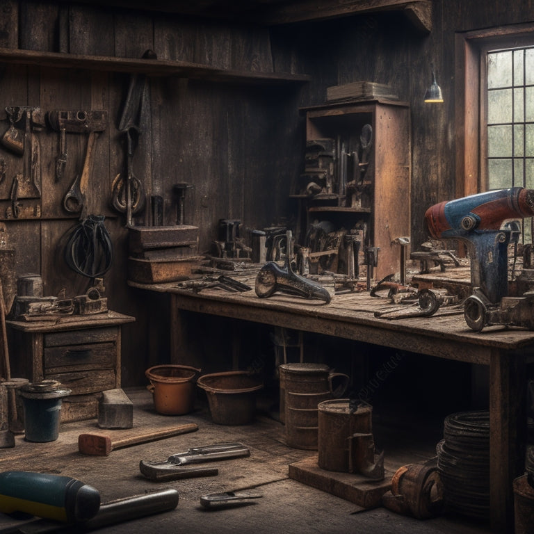 A cluttered workshop background with a mix of old and refurbished power tools, wrenches, and hammers on shelves and workbenches, with a few rusty tools scattered on the floor.
