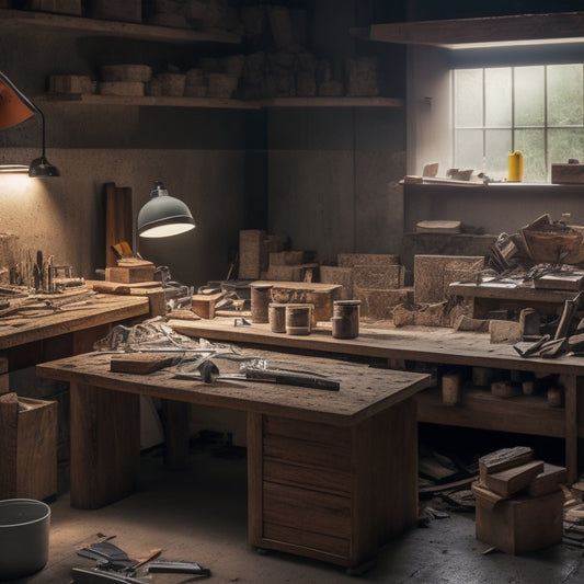 A cluttered, well-lit home renovation workspace with various block cutting tools scattered on a wooden workbench, surrounded by concrete blocks, dust, and partially completed renovation projects.