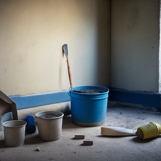 An image of a cracked concrete wall with a bucket of repair compound and a trowel in the foreground, surrounded by scattered renovation tools and a faint outline of a renovated room in the background.