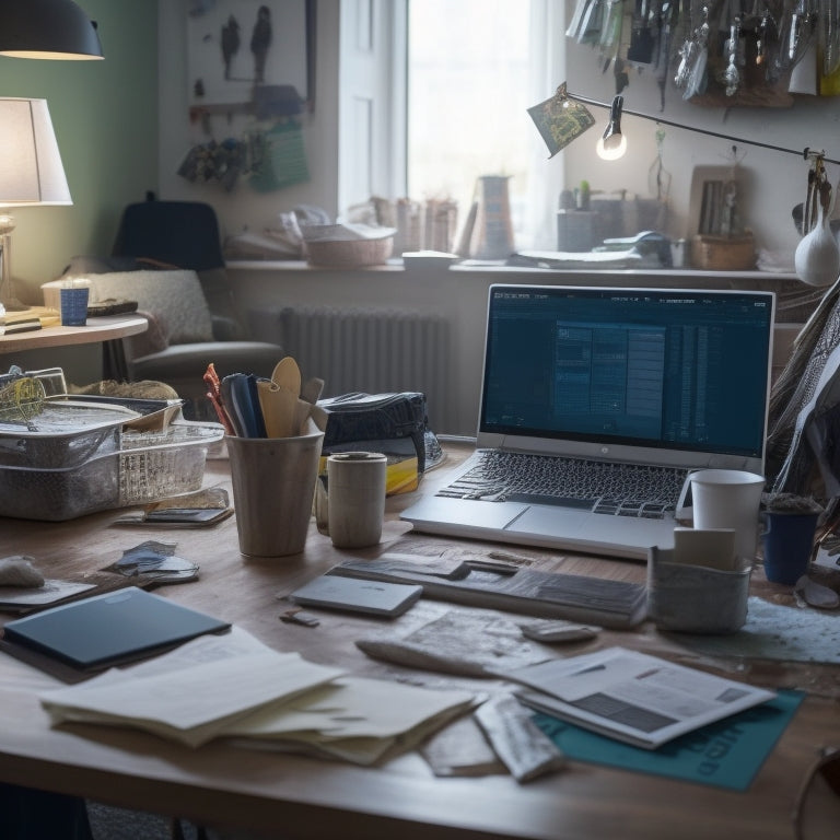 A messy, cluttered room with renovation materials scattered around, contrasted with a clean, organized space in the background featuring a laptop with an open Excel spreadsheet.