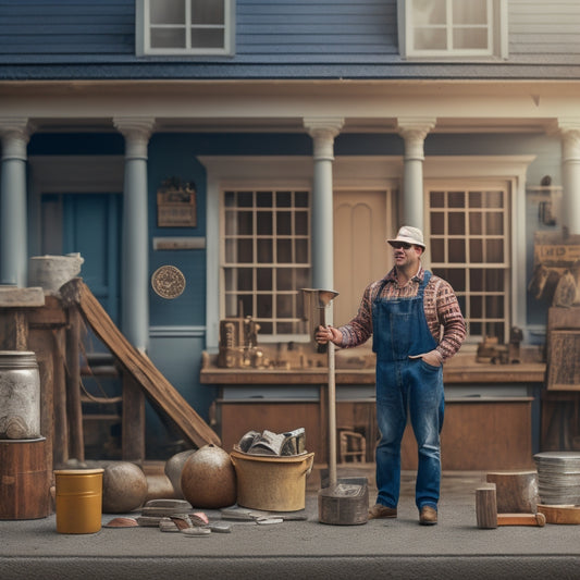 A photo of a person holding a hammer, standing in front of a partially renovated block house with tools scattered around, surrounded by cost-saving icons like piggy banks and coins.