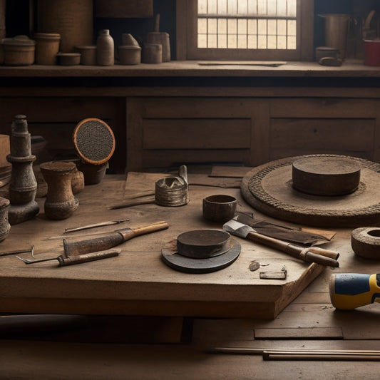 A tidy workshop background with a wooden table and a few scattered renovation tools, featuring 5-6 trowels of varying sizes and materials, arranged artistically in a circular pattern.