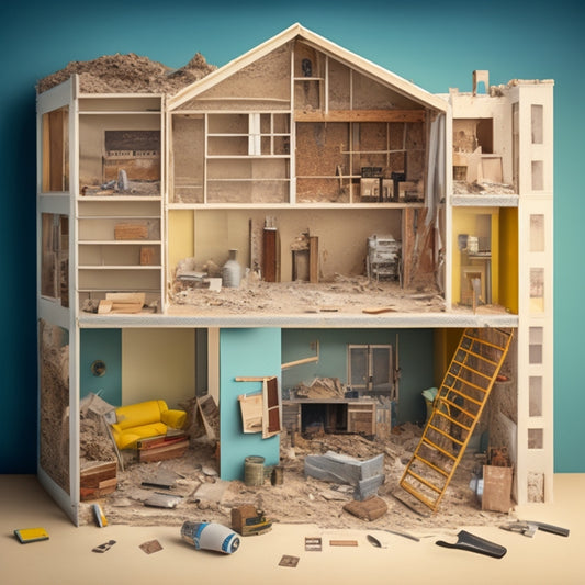 An illustration of a cutaway house with walls in various stages of demolition and reconstruction, showcasing exposed studs, insulation, drywall, and finishes, with tools and materials scattered around.