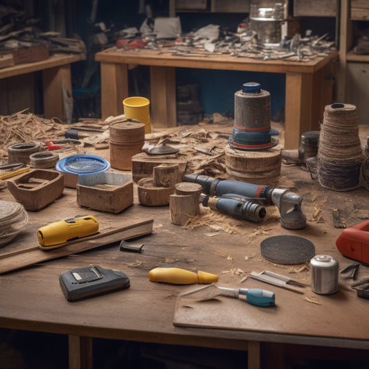 A cluttered workshop table with various finishing tools, including a cordless drill, impact driver, orbital sander, and tape measure, surrounded by scattered wood shavings and half-finished renovation projects.