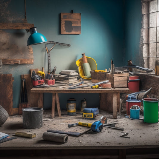 A cluttered workspace with a partially demolished wall, surrounded by 7 distinct tools: a hammer, level, tape measure, putty knife, joint compound bucket, sandpaper, and a drill, each highlighted in a soft spotlight.