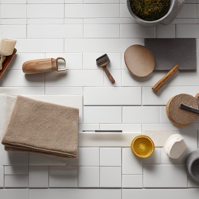 A tidy workshop background with three grout floats of varying sizes and handle materials (wood, metal, and ergonomic grip) placed on a white tile surface, surrounded by scattered grout and tile fragments.