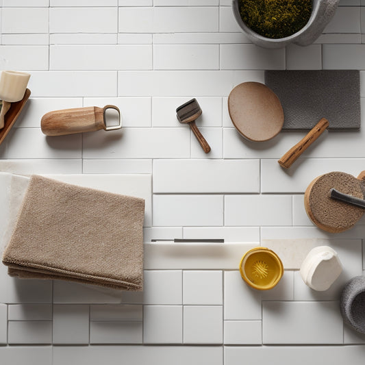 A tidy workshop background with three grout floats of varying sizes and handle materials (wood, metal, and ergonomic grip) placed on a white tile surface, surrounded by scattered grout and tile fragments.