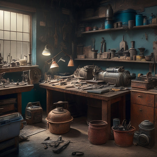 A cluttered workshop with rusty, worn-out tools scattered on a workbench, juxtaposed with a clean, organized workspace featuring well-maintained, shiny tools and a perfectly renovated room in the background.