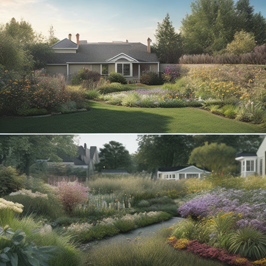 An illustration of a suburban backyard with a before-and-after split-screen design, showcasing a cluttered, overgrown garden bed on one side and a neatly renovated, flower-filled bed on the other, with a subtle cityscape in the background.