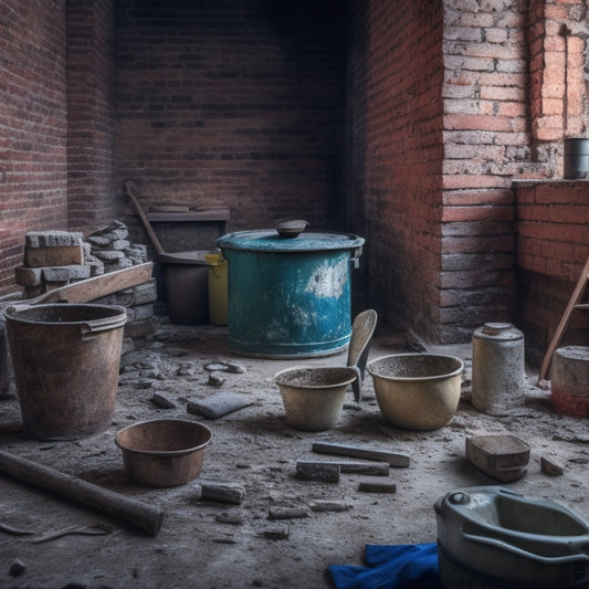 A messy, partially renovated room with scattered bricks, trowels, and mortar, featuring a prominent bricklayer's level, a masonry hammer, and a mixing bucket in the foreground.