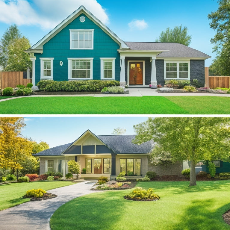 A serene suburban home with a before-and-after split-screen design, showcasing a worn, outdated exterior transitioning into a modern, sleek renovation with crisp lines, large windows, and a lush green lawn.